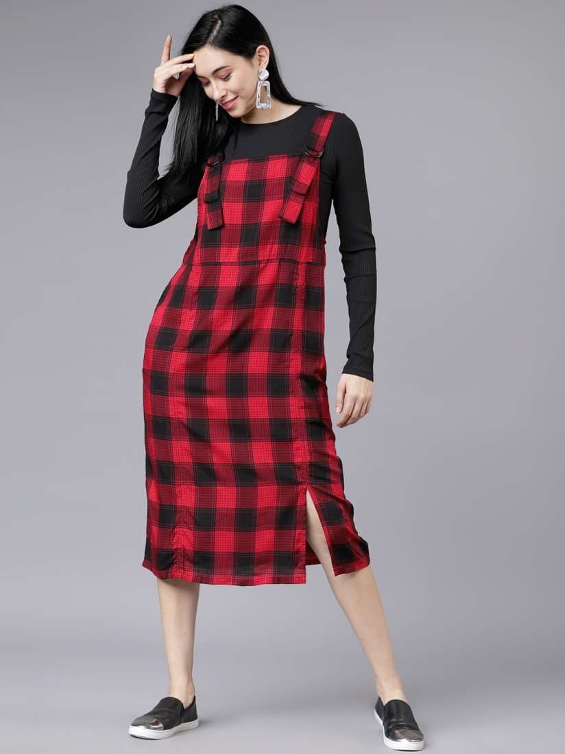 Buy Tokyo Talkies Women Red Checked Pinafore Dress Dresses for Women 9830925 Myntra