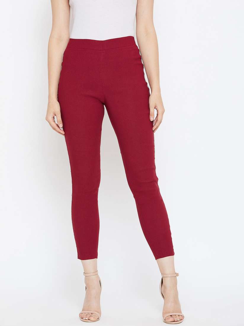 Buy Bitterlime Women Burgundy Solid Treggings Jeggings for Women 9878341 Myntra
