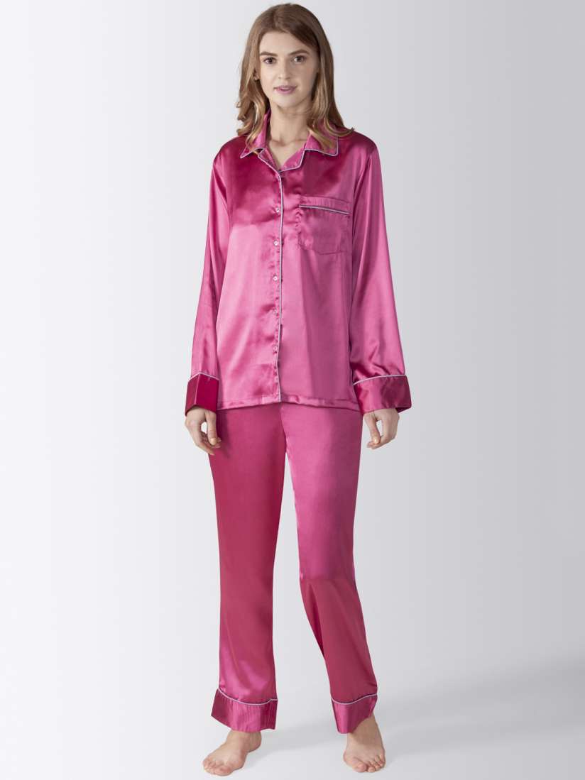 Buy ADORENITE Women Pink Solid Satin Shirt and Pyjama Night Suit Night suits for Women 10121943 Myntra