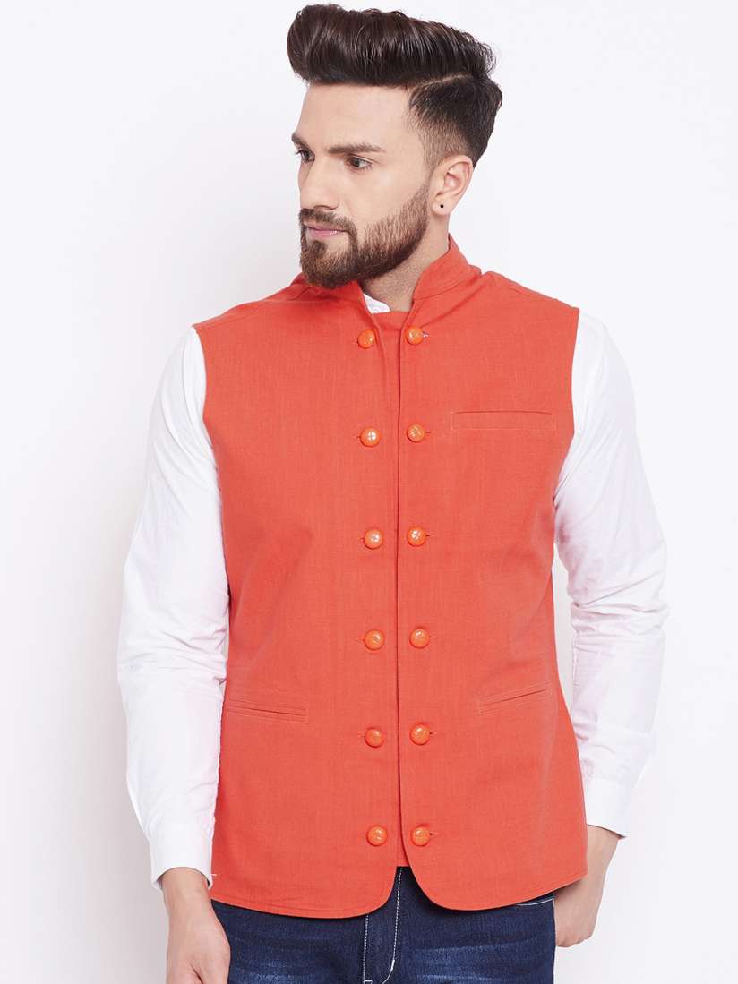 Red nehru jacket with jeans hot sale