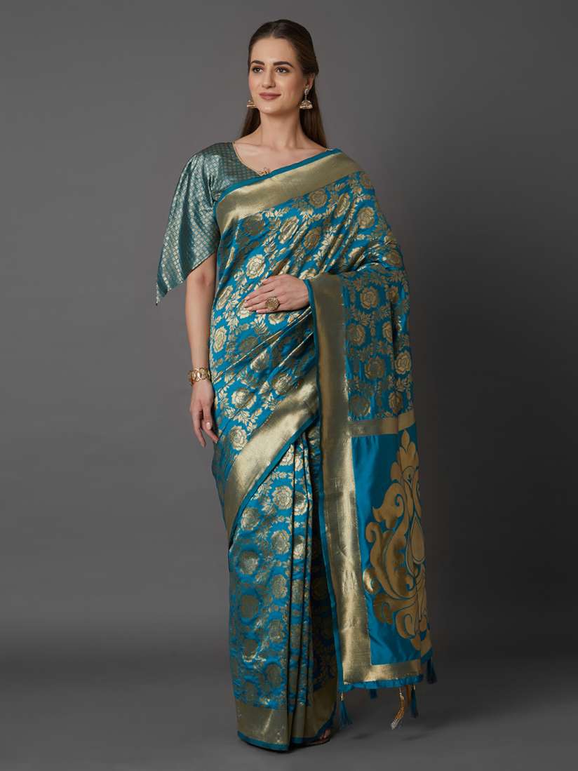 Buy Mitera Turquoise Blue Silk Blend Woven Design Kanjeevaram Saree Sarees for Women 10327007 Myntra