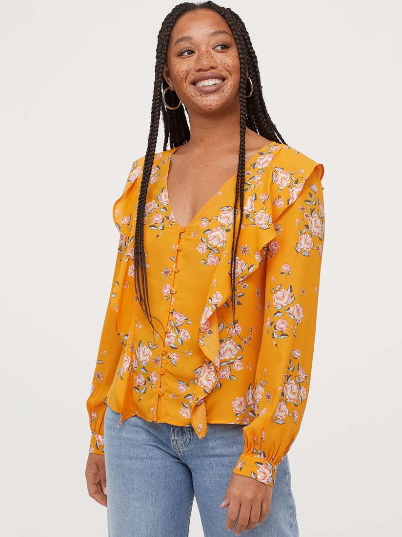 Buy H M Women Yellow Printed Flounced blouse Tops for Women 10477572 Myntra
