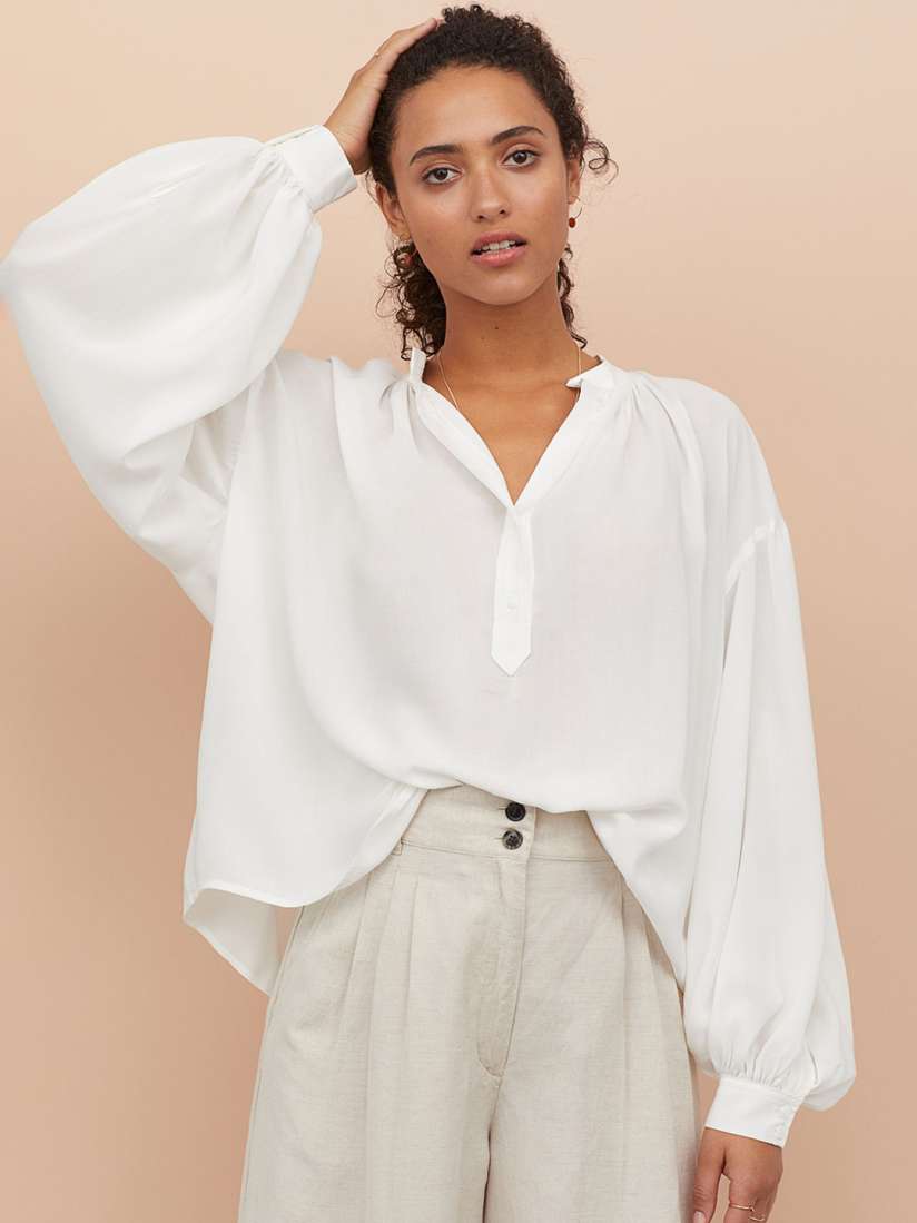 Buy H M Women White Solid Grandad Collar Viscose Blouse Tops for Women 10469188 Myntra