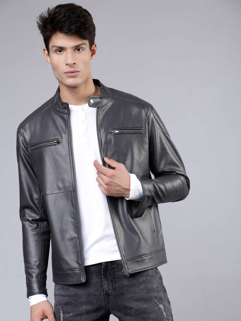 Grey mens leather jacket online