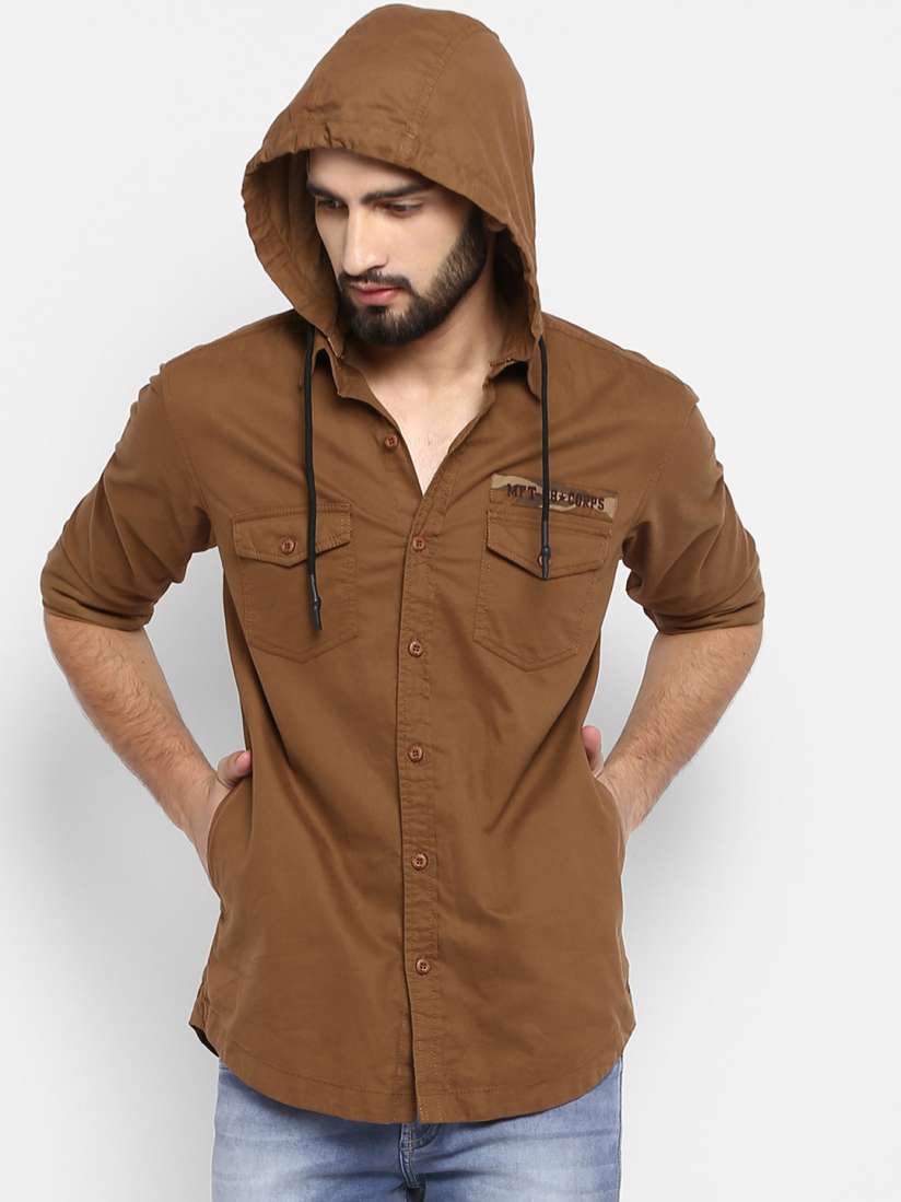 Buy Mufti Men Khaki Slim Fit Solid Casual Hooded Shirt Shirts for Men 10571044 Myntra