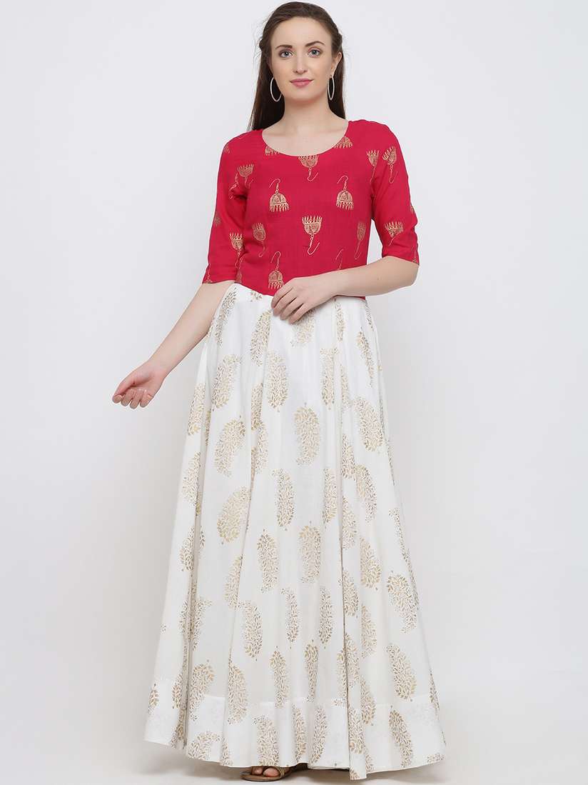 Buy Indian Virasat Women Red Gold-Coloured Printed Maxi Dress