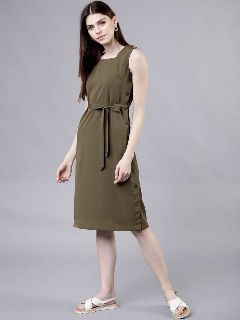 Buy Tokyo Talkies Women Olive Green Solid A Line Dress Dresses for Women 10726278 Myntra