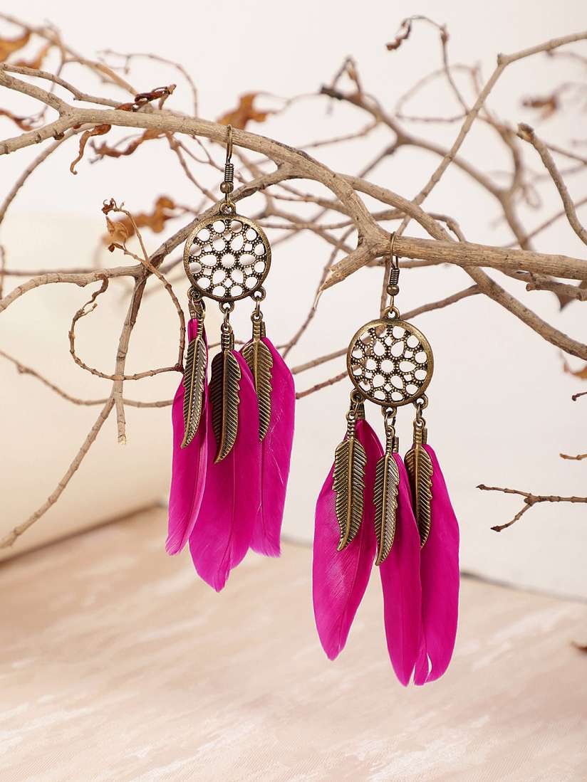 Buy Crunchy Fashion Gold Plated Pink Feather Shaped Drop Earrings Earrings for Women 10737320 Myntra