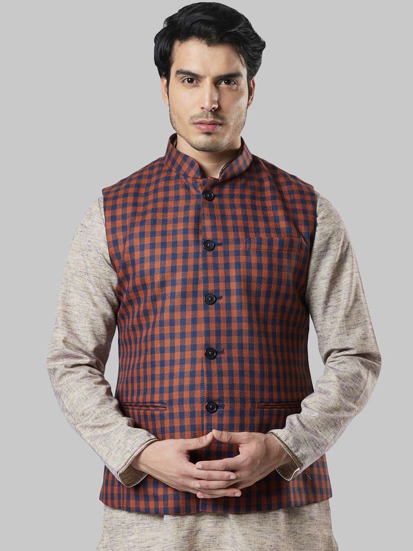 Buy Ethnix by Raymond Men Navy Blue Rust Brown Checked Nehru