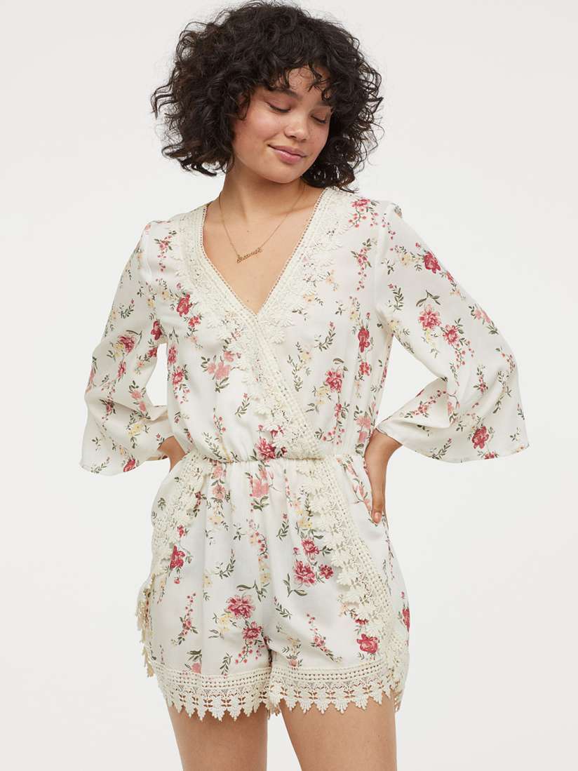 Buy H M Women White and Pink Printed Playsuit with Lace Jumpsuit for Women 10575394 Myntra