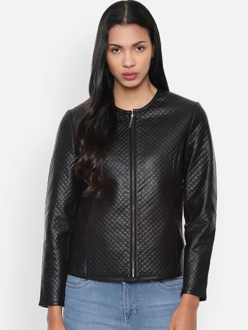 Buy Van Heusen Woman Black Solid Leather Jacket Jackets for Women 11312564 Myntra