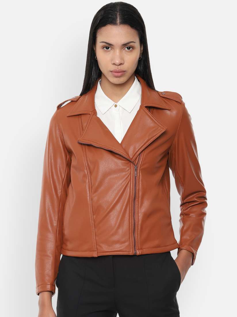 Buy Van Heusen Woman Brown Solid Leather Jacket Jackets for Women 11310296 Myntra