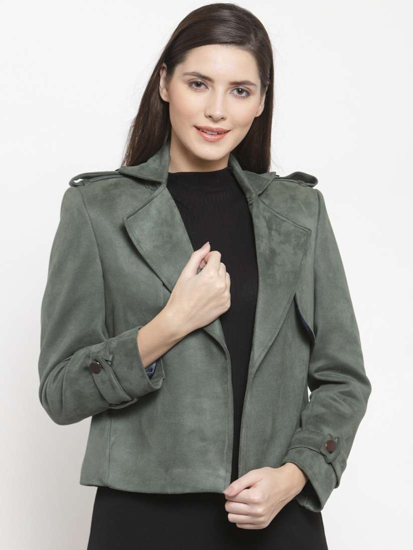Buy AUDSTRO Women Olive Green Solid Open Front Suede Jacket Jackets for Women 11427238 Myntra