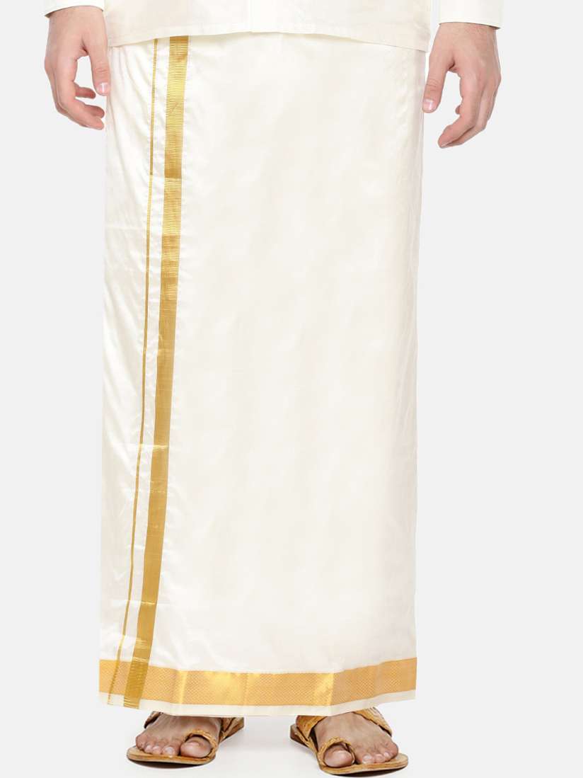Buy Ramraj Men Cream Coloured Pure Silk Readymade Dhoti with Gold jari Border and Towel Dhotis for Men 11296254 Myntra