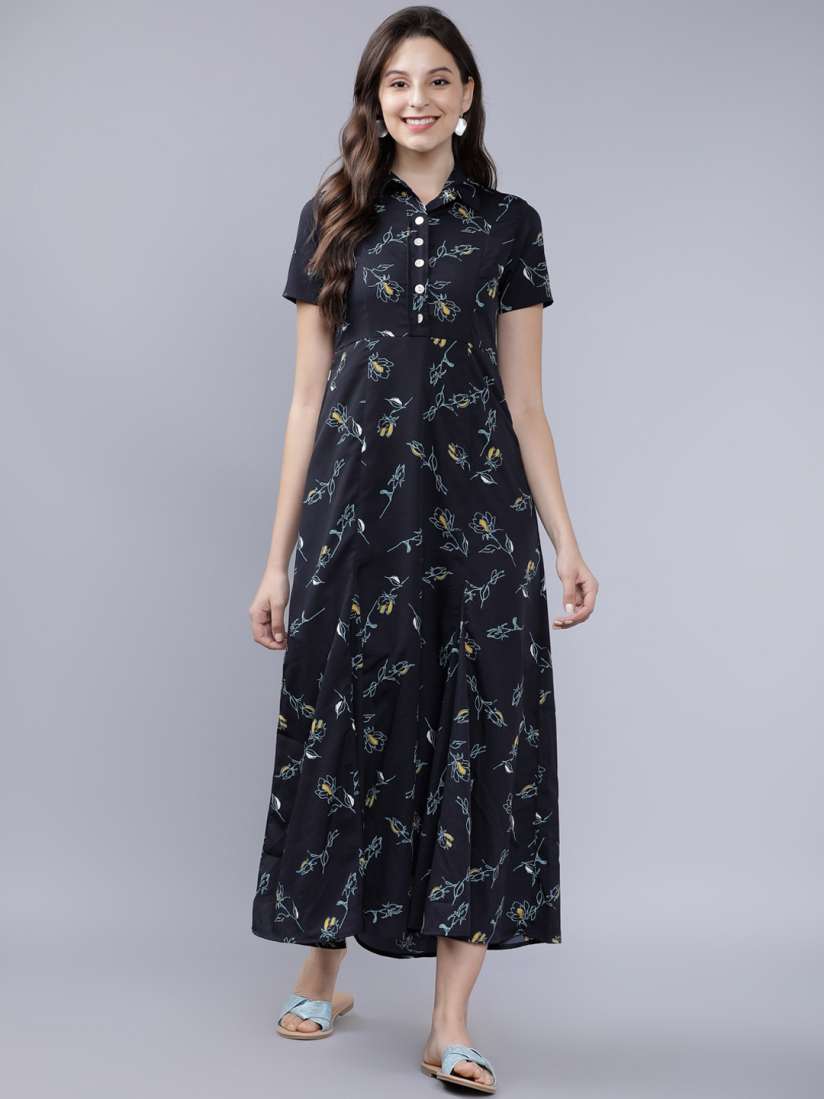 Tokyo talkies women navy blue printed shirt dress new arrivals