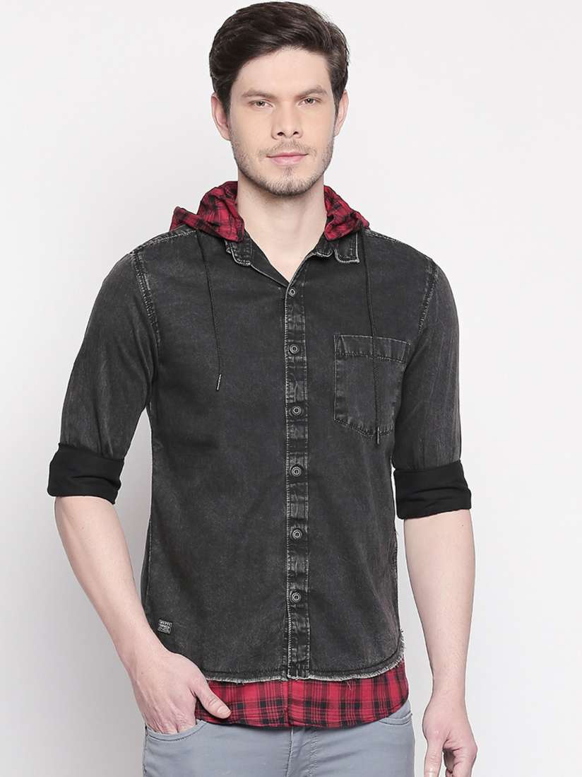 Buy Mufti Men Black Slim Fit Faded Casual Hooded Shirt Shirts for Men 12809394 Myntra