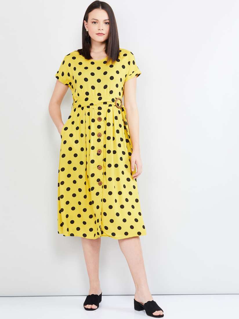 Buy max Women Yellow Black Polka Dots Print Fit and Flare Dress Dresses for Women 12829868 Myntra