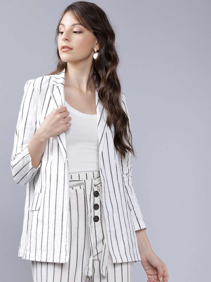 White and black striped blazer womens top