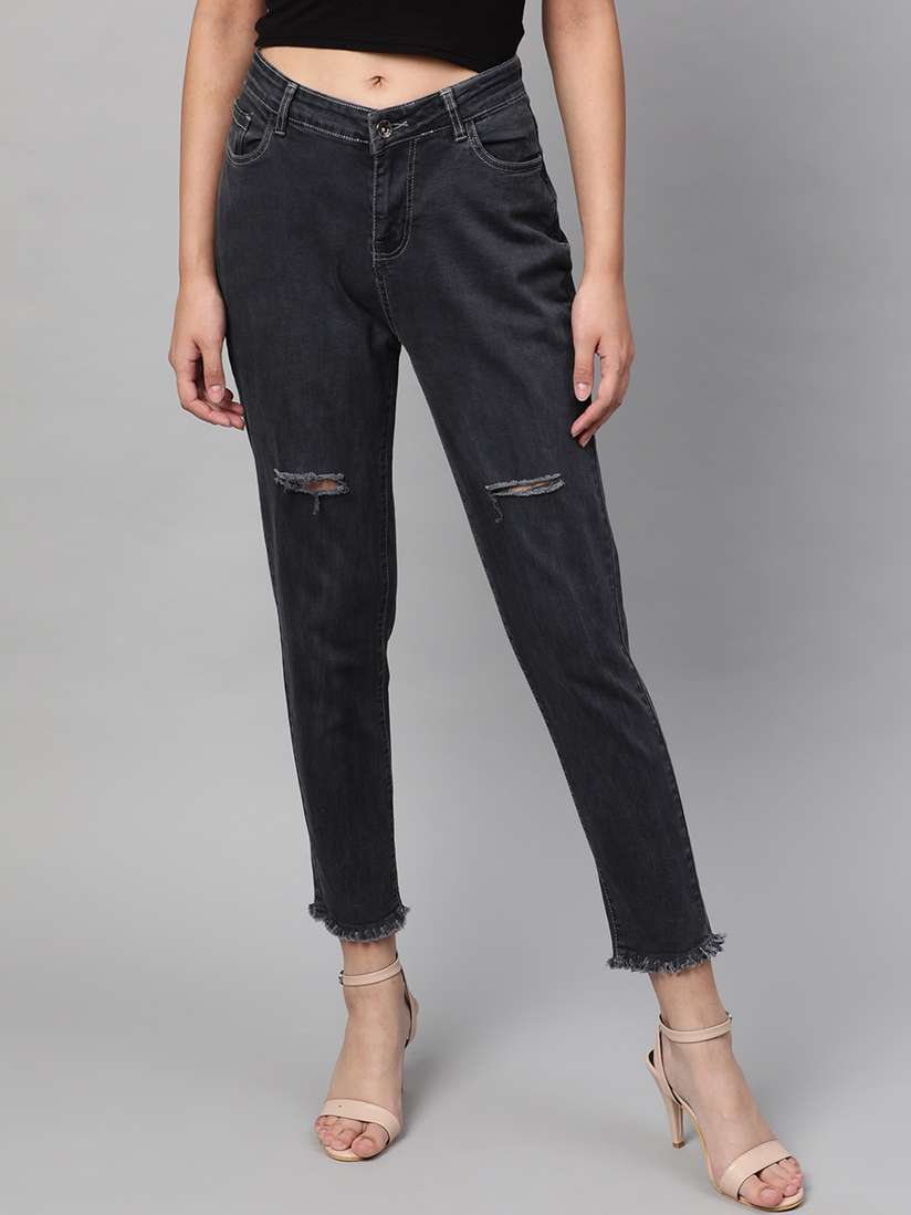 Buy STREET Women Grey Skinny Fit Mid-Rise Slash Knee Stretchable - Main Image