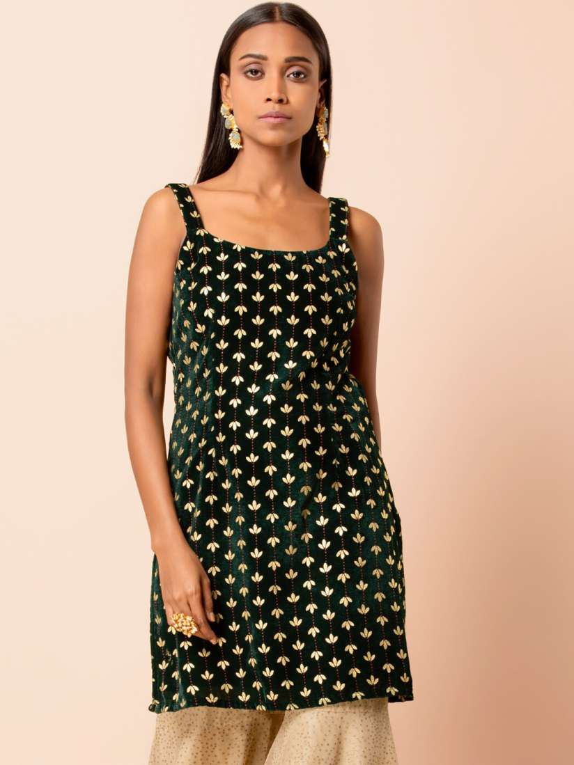 Buy INDYA Green Velvet Foil Strappy Short Kurti Kurtis for Women 12684568 Myntra