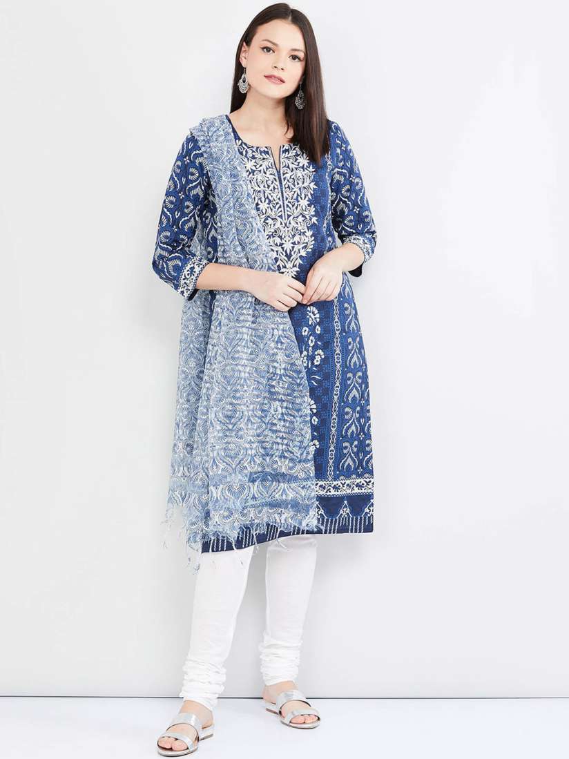 Buy max Women Blue White Printed Kurta with Churidar Dupatta Kurta Sets for Women 12692276 Myntra