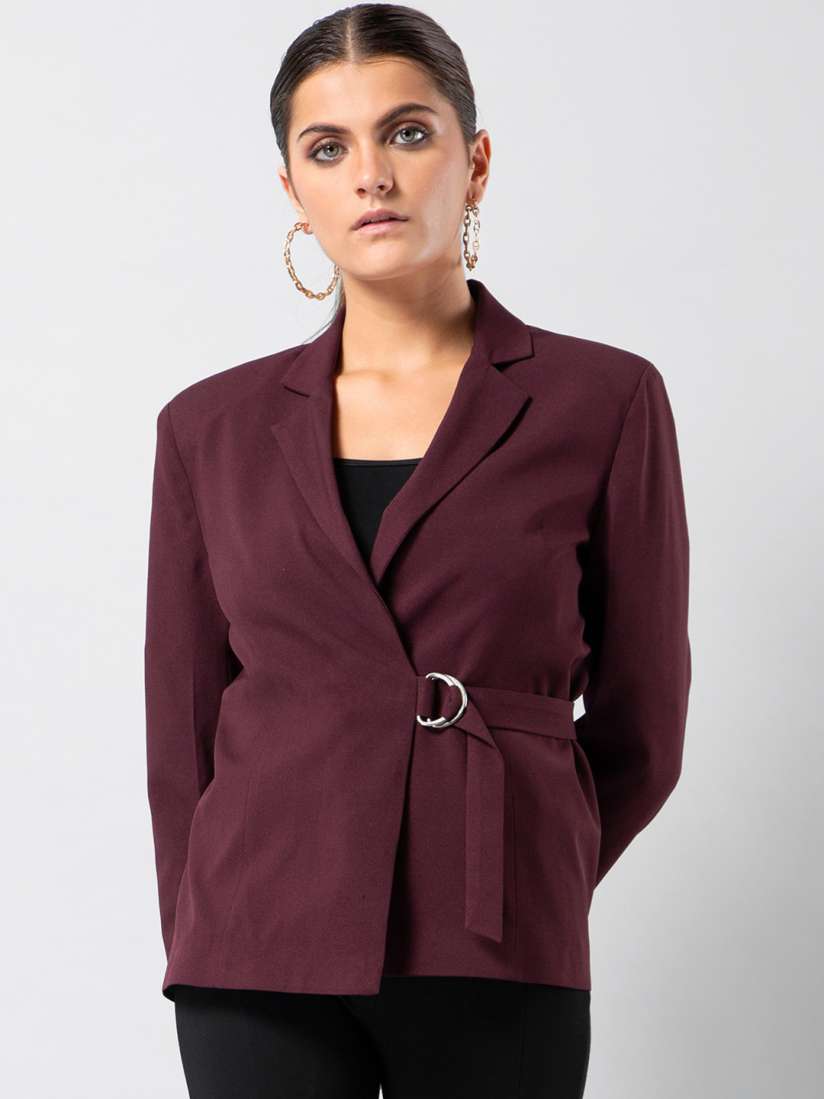 Buy FabAlley Women Burgundy Solid Side Belted Wrap Casual Blazer Blazers for Women 13031548 Myntra