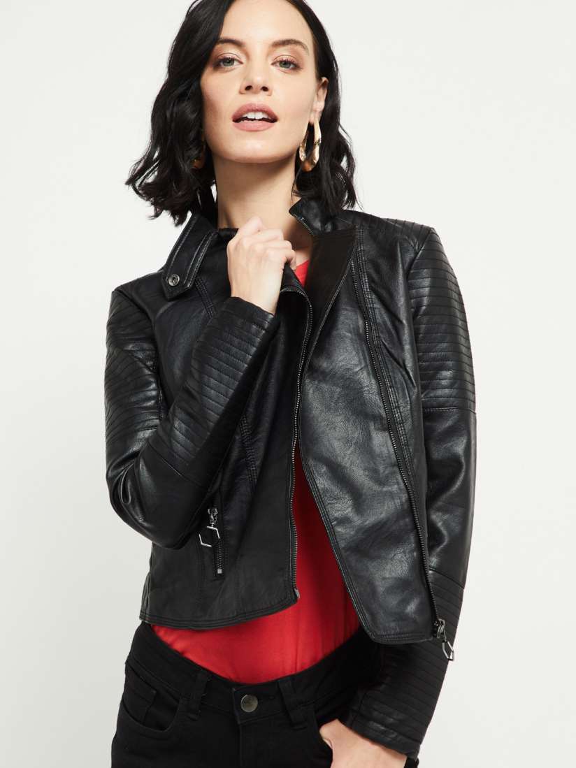 Buy max Women Black Solid Biker Jacket Jackets for Women 13118654 Myntra