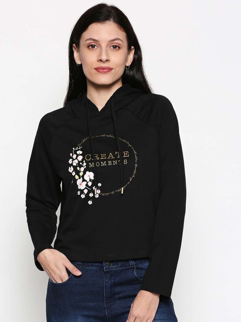 Buy Honey by Pantaloons Women Black Printed Hooded Sweatshirt Sweatshirts for Women 13122778 Myntra