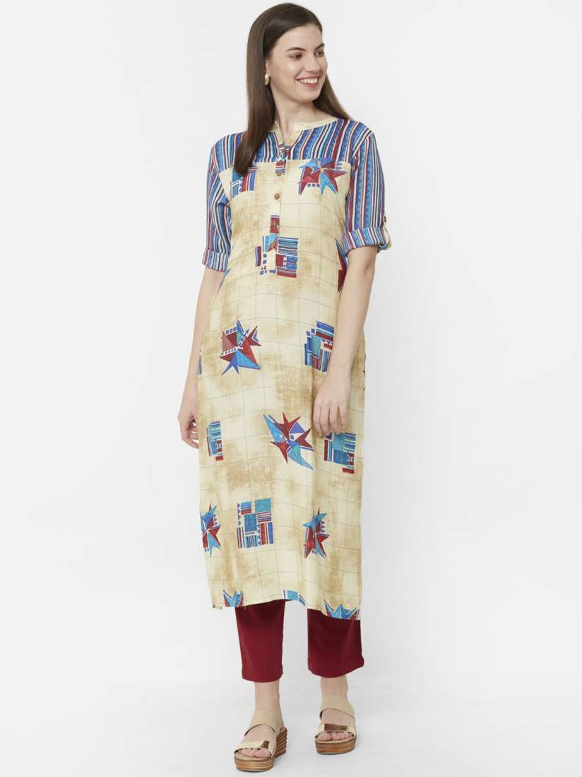 Buy Juliet Women Beige Blue Printed Straight Kurta Kurtas for Women 12912904 Myntra