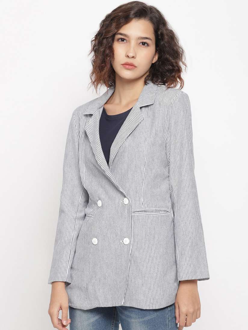 Buy .LA LOFT Women Blue White Striped Double Breasted Casual Pure Cotton Blazer Blazers for Women 13215264 Myntra