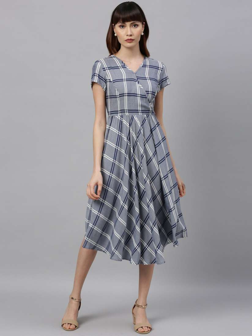 Buy Park Avenue Woman Blue Grey Checked Fit and Flare Dress Dresses for Women 13268894 Myntra