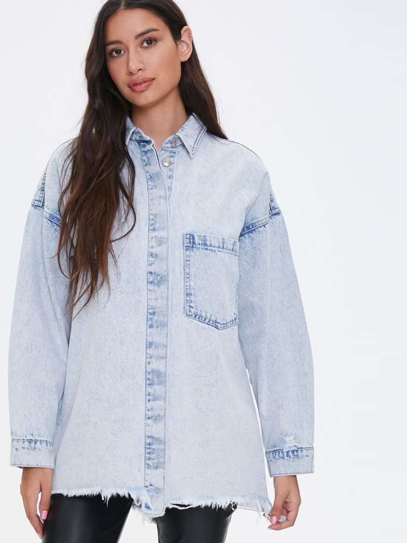 Buy FOREVER 21 Women Blue Solid Frayed Longline Denim Jacket Jackets for Women 13135714 Myntra