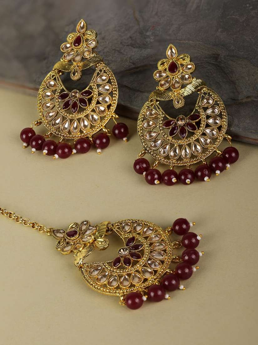 Buy Priyaasi Gold Plated Maroon Kundan Stone Studded Handcrafted Maang Tikka with Earrings Head Jewellery for Women 13330348 Myntra