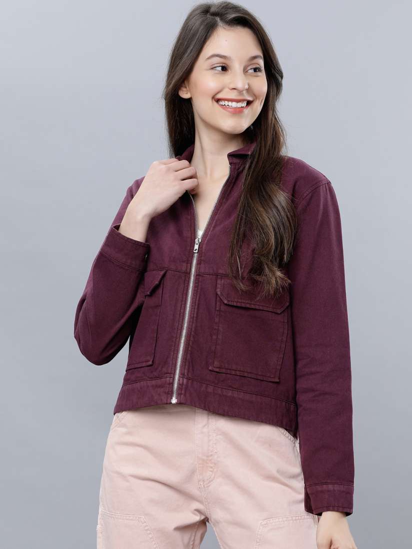 Buy Tokyo Talkies Women Burgundy Solid Denim Jacket Jackets for Women 13194586 Myntra