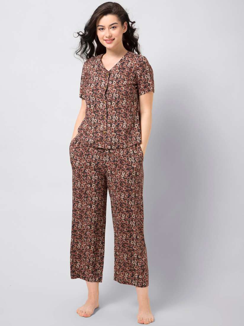 Buy FabAlley Women Brown Beige Floral Printed Night Suit Night suits for Women 13195652 Myntra