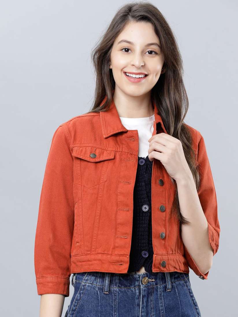 Buy Tokyo Talkies Women Rust Orange Solid Crop Denim Jacket Jackets for Women 13194558 Myntra