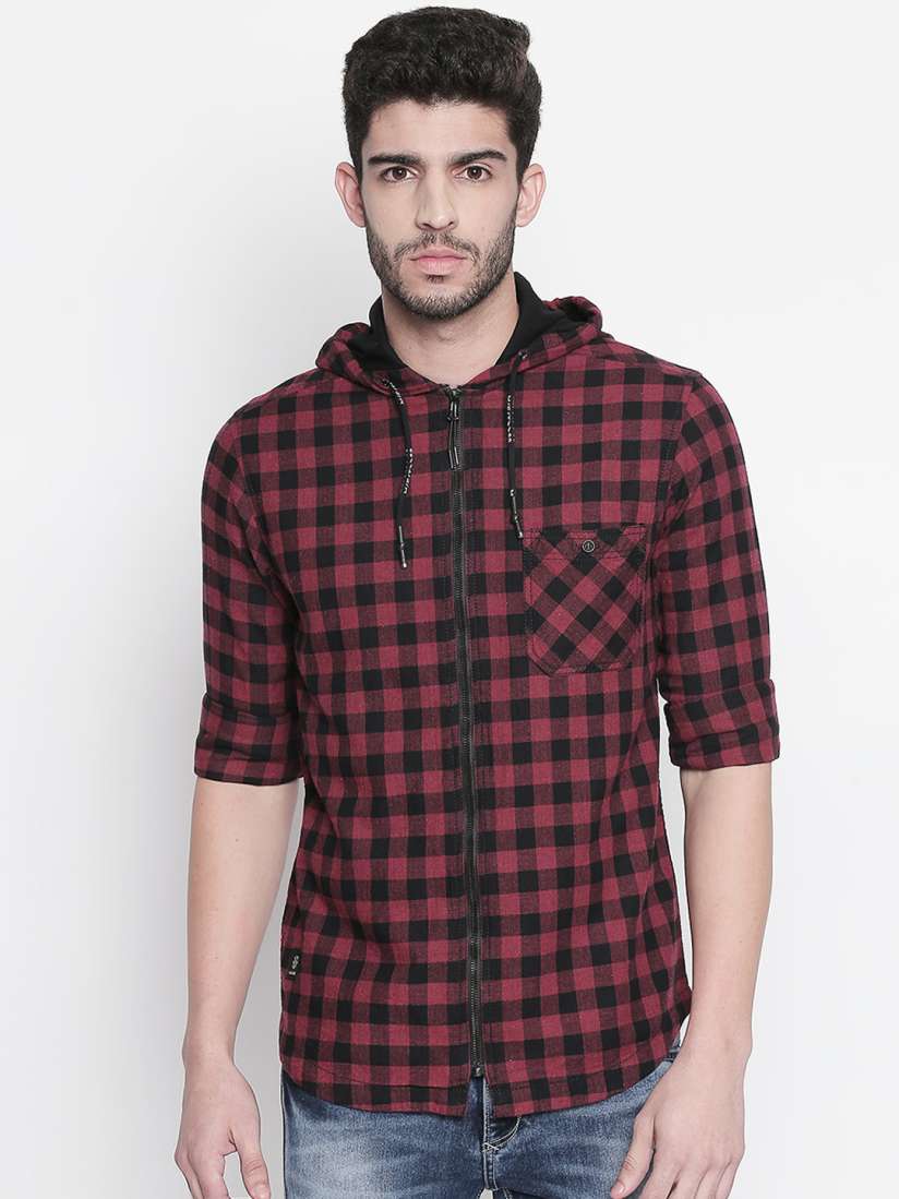 Buy Mufti Men Black Burgundy Slim Fit Checked Hooded Casual Shirt Shirts for Men 11503890 Myntra