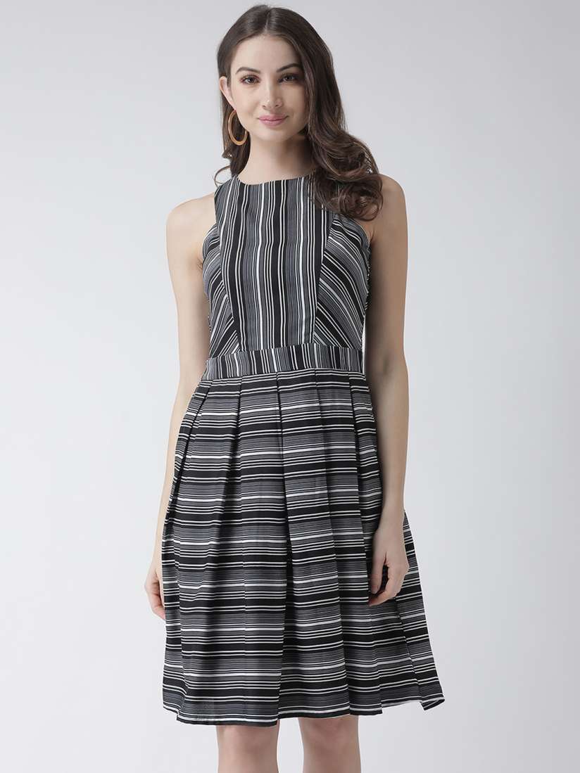Buy KASSUALLY Women Black Varigated Striped Box Pleated Fit and Flare Dress Dresses for Women 11512808 Myntra