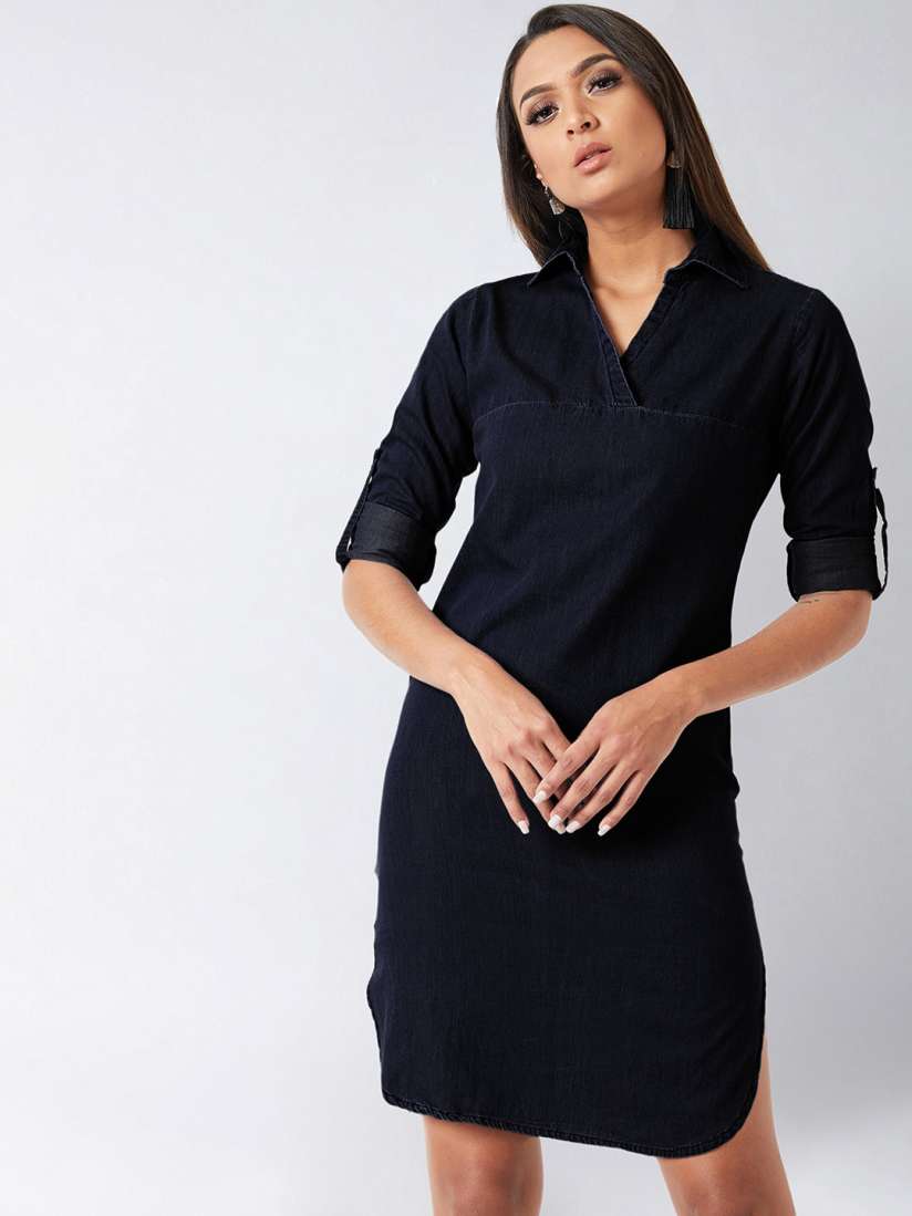 Buy Miss Chase Women Navy Blue Solid Shirt Denim Dress Dresses for Women 11609916 Myntra