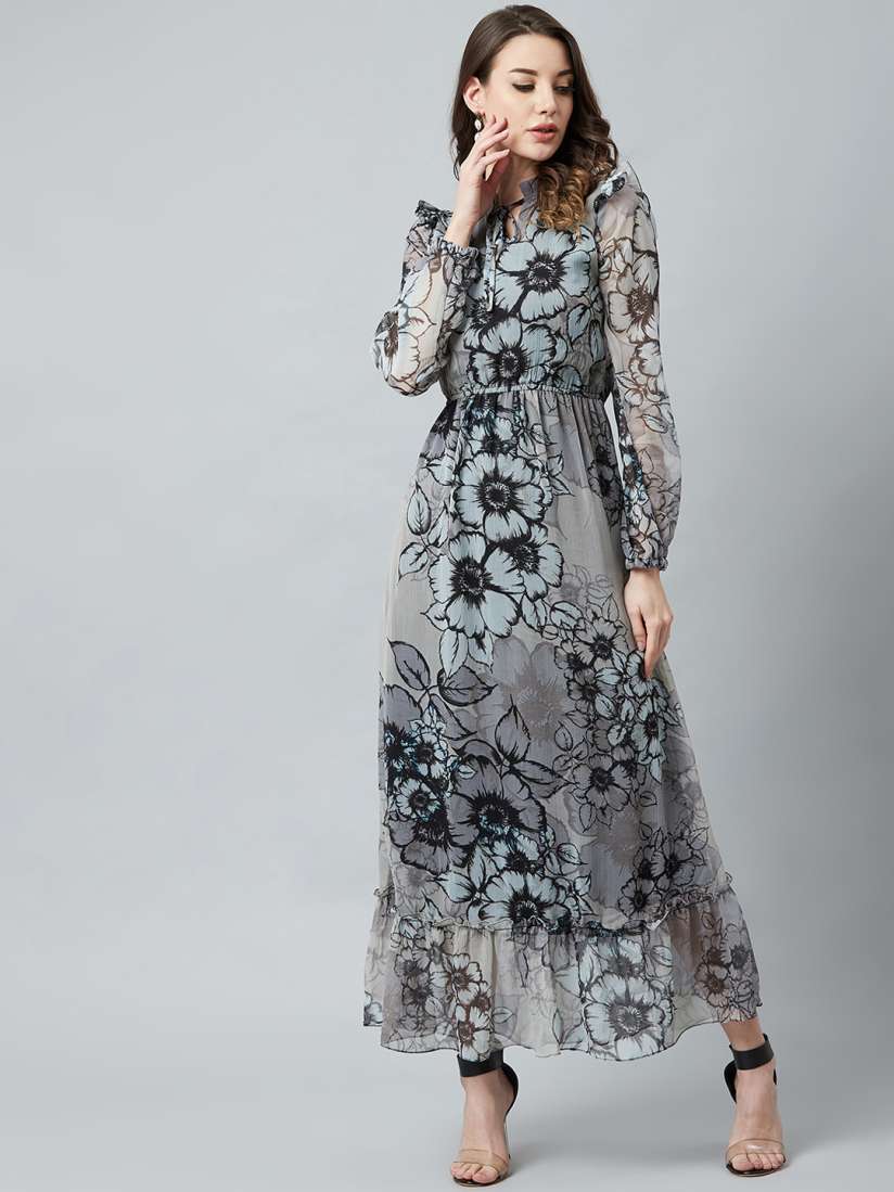Buy Athena Grey Black Floral Printed Maxi Dress Dresses for Women 12049978 Myntra