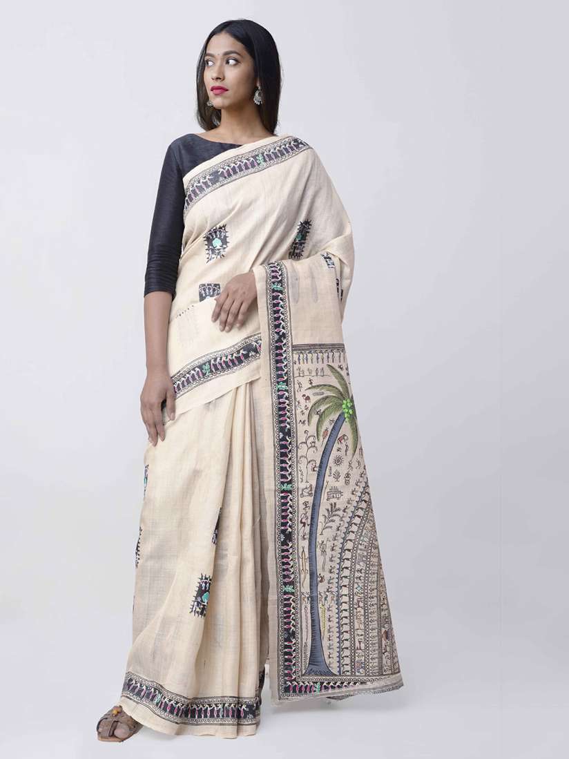 Buy Unnati Silks Beige Navy Blue Pure Silk Warli Printed Tussar Saree Sarees for Women 12194778 Myntra