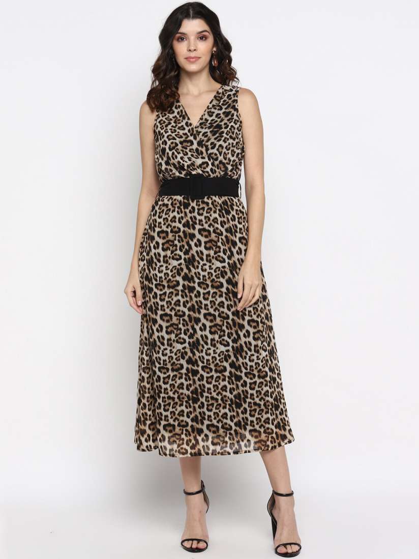 Buy MIAMINX Women Brown Printed Belted Midi Fit and Flare Dress Dresses for Women 12297296 Myntra