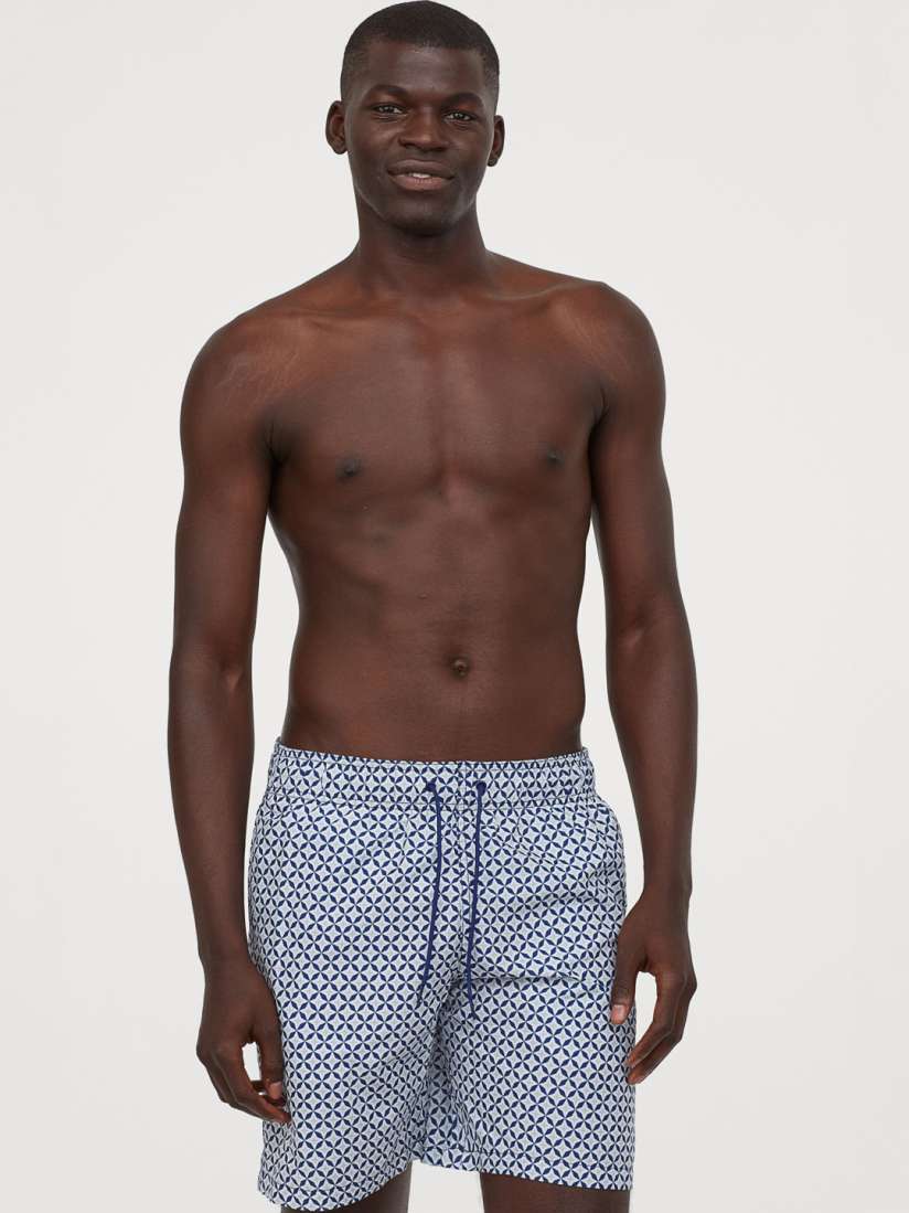 Buy H M Men White Navy Blue Printed Knee Length Swim Shorts Swim Bottoms for Men 12201358 Myntra