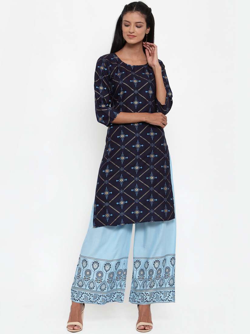 Buy ANAISA Women Navy Blue Turquoise Blue Printed Kurti with Palazzos Kurta Sets for Women 12212124 Myntra