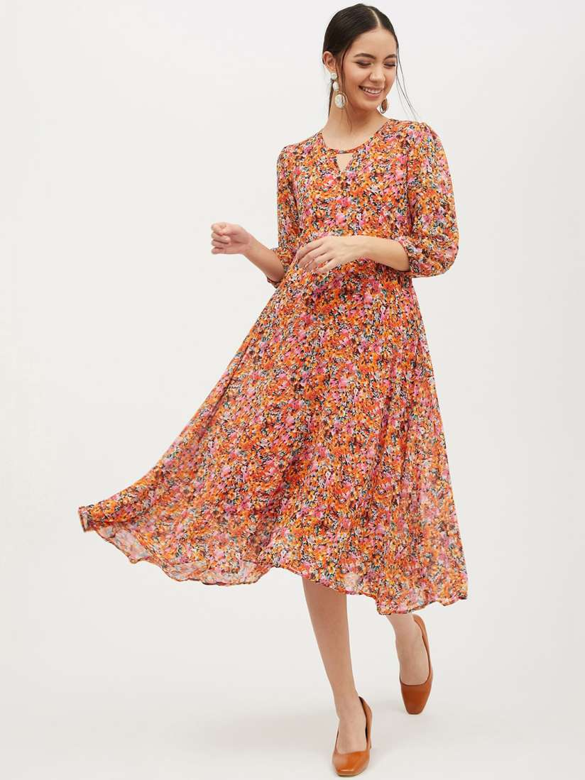Buy Harpa Pink Orange Floral Printed A Line Dress Dresses for Women 12456002 Myntra