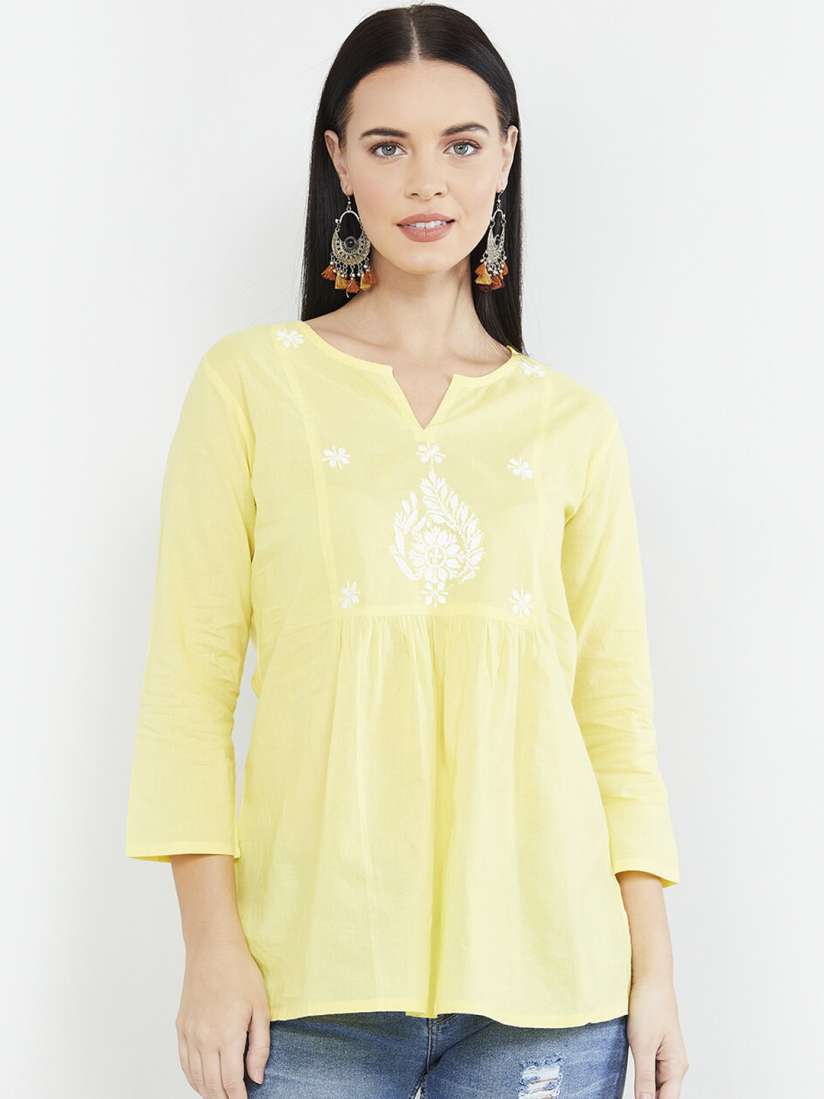 Buy max Women Yellow White Embroidered Pure Cotton A Line Kurti Kurtis for Women 12631218 Myntra