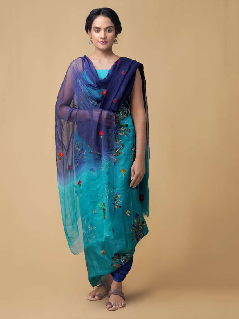 Buy Unnati Silks Women Blue Green Embroidered Pure Handloom Phulkari Dress Material Dress Material for Women 13481908 Myntra