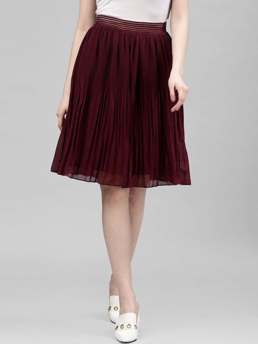 Buy KASSUALLY Women Burgundy Solid Pleated A Line Knee Length Skirt Skirts for Women 13498574 Myntra