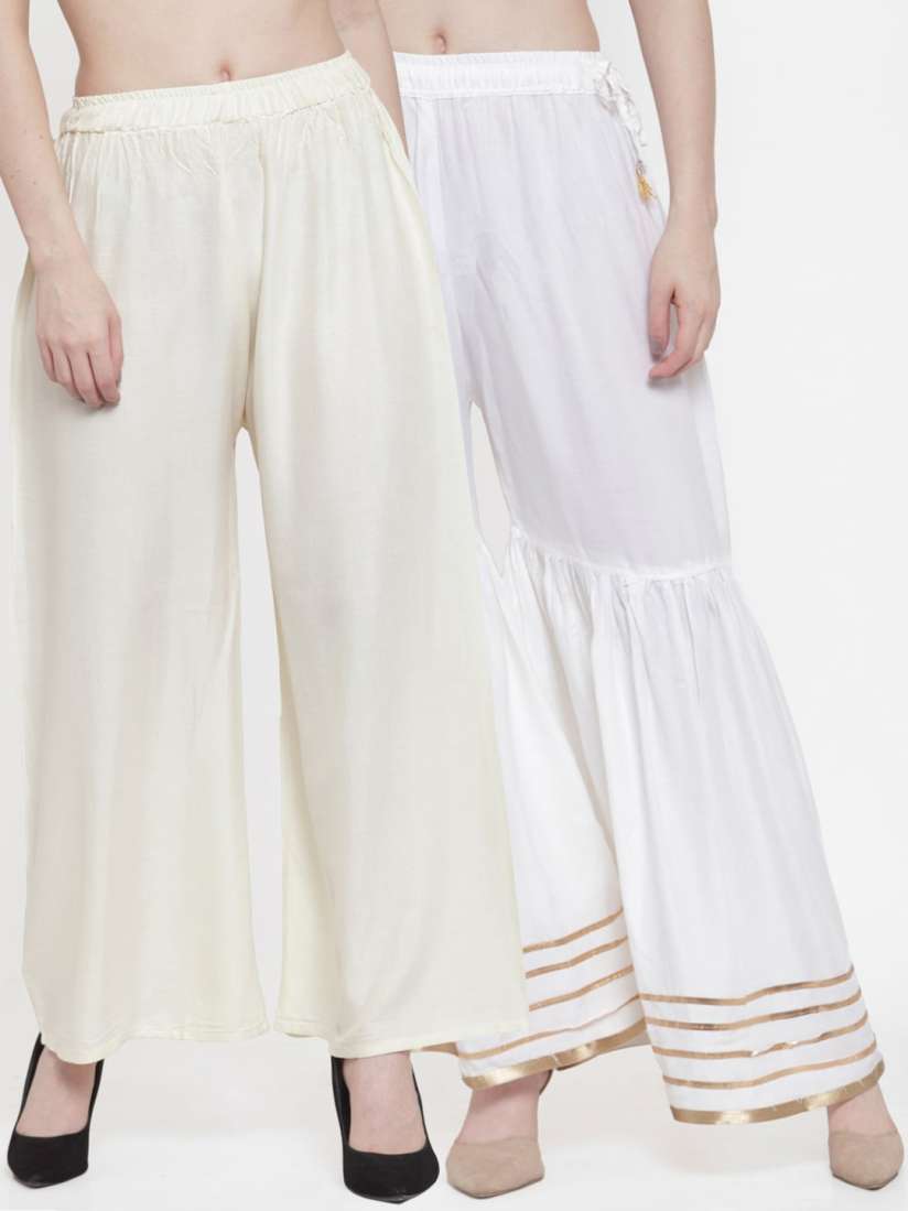 Buy TAG 7 Women Pack of 2 White Gold Toned Hem Design Flared Palazzos Palazzos for Women 13559928 Myntra