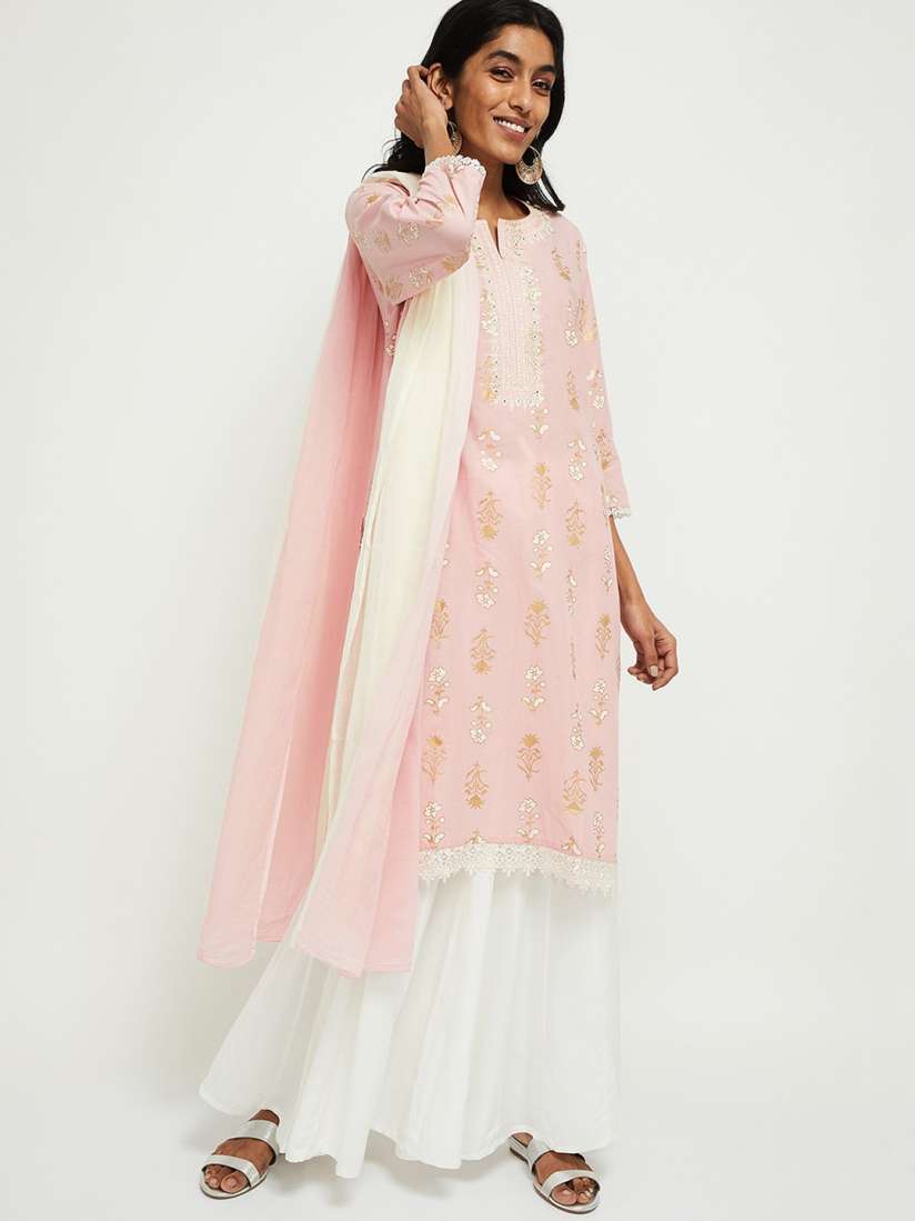 Buy max Women Peach Coloured White Woven Design Kurta with Palazzos Dupatta Kurta Sets for Women 13551388 Myntra